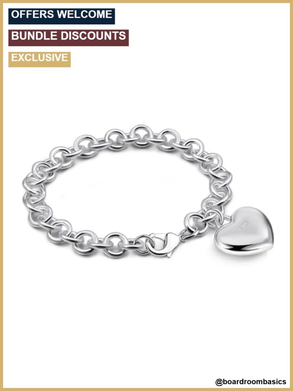 925 Sterling Silver Cable Wire Link Bracelet Heart Bell Pendant Chain